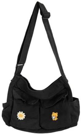 Canvas Messenger Bag Large Hobo Crossbody Bags with Multiple Pockets,School Vintage Shoulder Laptop Bag for Women and Men-Black
