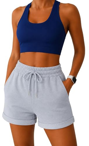 Smith & Solo Short Sport Femme en Coton, Pantalon Court pour Femme, Short Femme ete, Taille Haute, avec Poches, pour Le Jogging, Le Yoga et Le Fitness (Gris, M)