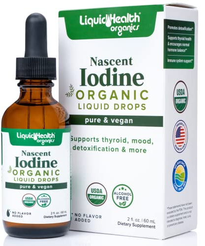 LIQUIDHEALTH USDA Organic Nascent Iodine Liquid Drops, Pure Iodine Supplement for Thyroid & Immune Support, Energy Supplement - Made in USA, Vegan, Colorless, Tasteless Tincture (2 oz)