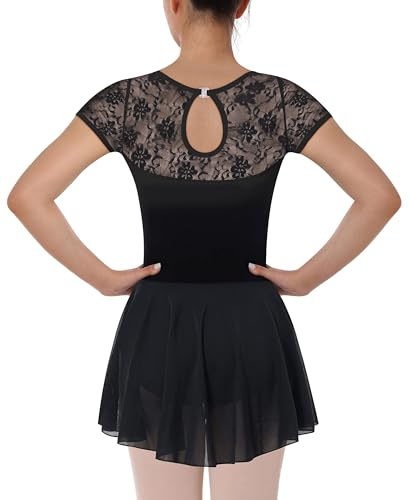 Mulnall Women Dance Ballet Leotard with Skirt Adult Lace Short Sleeve Ballerina Dancewear(7027-06-M)