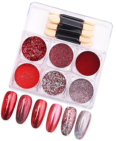 EnMart Chrome Nail Powder Set, Nägel Glitzer, 6 Colors Shimmer Nail Art Kit Red Metallic Effect Mirror Pigment Glitter Dust Kit für Nägel DIY Gesicht Haare Körper Makeup Crafts Decoration