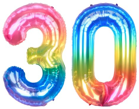 Ponmoo 40 inches Foil Balloons Numbers 30 Neon Rainbow (101cm), Inflatable Helium or Air, Giant Balloon Number 0-9, 10-29, 30-100, Grand Balloons for Anniversary Wedding Birthday Party Decoration