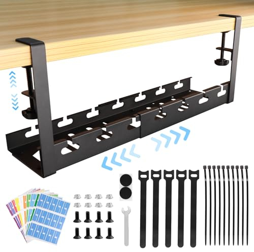 Under Desk Cable Management Tray No Drill 11.2-21.8 inch Retractable Steel Desk Wire Organiser Tray for Office and Home, 1 PC