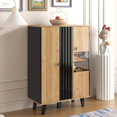 Sweiko Buffet avec lumière LED et verre, en bois et noir, design à rayures pour salle à manger