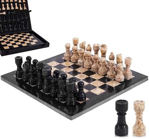Set di scacchi in marmo per adulti, gioco da tavolo fatto a mano da 12 pollici con 32 pezzi degli scacchi, 2 regine extra e scatola portaoggetti, regalo per la casa (Black & Coral)