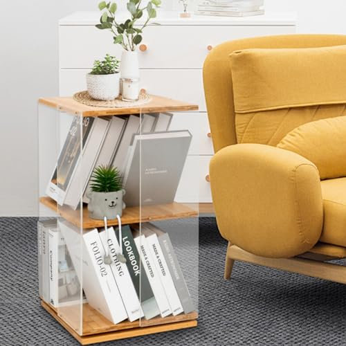 MYOYAY Drehbares Bücherregal aus Acryl, 2 Etagen, transparentes drehbares Bücherregal, Turm, Bambus und transparentes Acryl, passt zu Sammlerstücken, Büro, Schlafzimmer oder Wohnzimmer