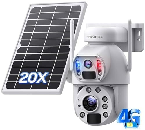 SHIWOJIA 20X Zoom Camara Vigilancia 4G Exterior, 6MP 360° PTZ Cámara de Exterior Solar con Doble Lente, 150m Visión Nocturna en Color, Doble PIR Detección Smart, Audio Bidireccional