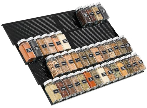 Lifewit Kunststoff Justierbare Gewürzschublade Organizer, Expandable Gewürzregal von 33cm bis 66cm für Küchenspeicher Arbeitsplatte, Schubladenschrank für Gewürze, Sirup, Likör, Pantry, 8 Set Schwarz
