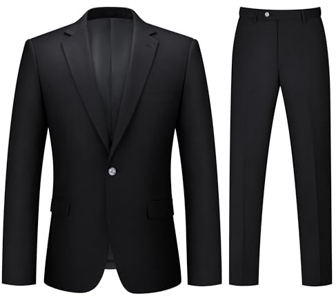 LORENZO BRUNO Mens Suit 2 Piece Black Suits for Men One Button Slim Fit Solid Jacket & Pants Tuxedo Set Business Wedding Party, Black, S