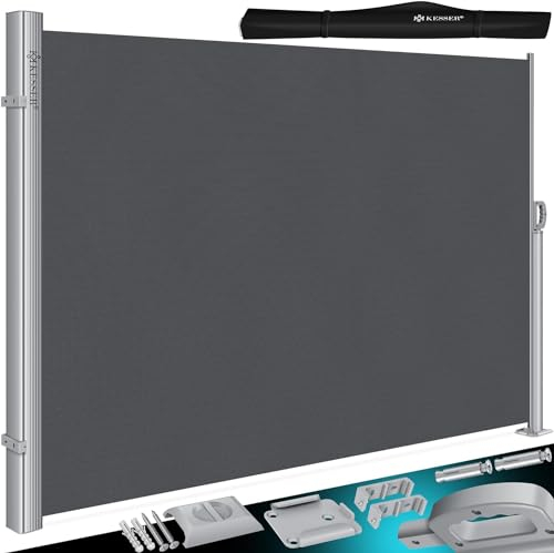 KESSER® Alu-Seitenmarkise Ausziehbar & Blickdicht 300 x 180 cm | Garten-Sichtschutz & Windschutz mit Aufrollautomatik für Balkon & Terrasse | Seitenrollo inkl. Regencover mit Wandhalterung Dunkelgrau