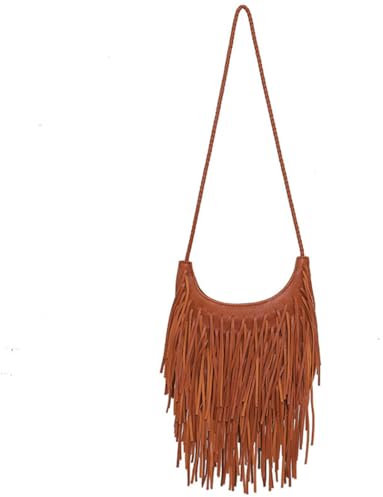 Lightolife Kleine Damen-Umhängetasche mit Fransen, Leder, Hobo-Tasche mit Quasten, Braun, Small