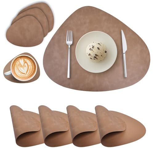 Tischsets Abwaschbar und Untersetzer Doppelseitige Leder Platzsets | Tischsets Platzsets Rund Abwischbar Hitzebeständig Rutschfest Platzdeckchen lederoptik 4er Set (Camel)