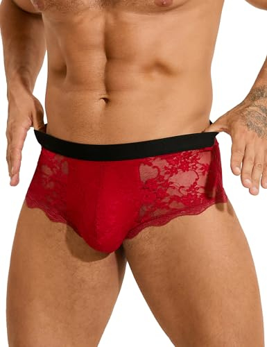 ohmydear Boxershorts med spets, män, genomskinlig string, tanga, sexiga underkläder, män, sissy, underkläder, transparenta kalsonger, erotiska gay-trosor, sexiga underkläder för sex, röd, XL