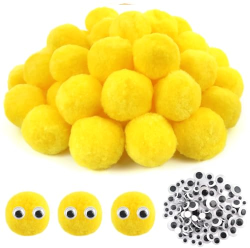 TOAOB 50 Piezas Pompones Grandes y Esponjosos de 5 cm Bolas de Fieltro Amarillo con Ojos Móviles Negros para Decoraciones Manualidades Creativas y Decoraciones Bricolaje