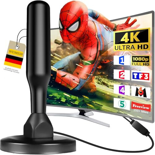 Antenna TV Interna, Antenna TV Interna Amplificata Potente, Terrestre con 500 km di Ricezione con Base Magnetica, Amplificatore di Segnale Support 4K HD 1080P per HDTV Digitale Televisione