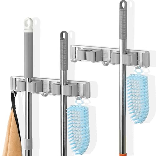 GRKJGytech Mop Broom Holder, Mop Holder Wall Mounted 2 Racks with 6 removable hooks, Mop and Broom Holder Drilling