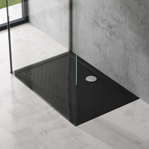doporro Plato de Ducha Rectangular Antideslizante 80x110x4 cm – Acrílico Negro, Conexiones DIN, Instalación a Ras de Suelo – Lucia02