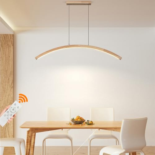 LED Holz Pendelleuchte Modern Dimmbar Bogen Esszimmer Hängeleuchte Esstischlampe LED Pendellampe L120CM Höhenverstellbar Büro Kronleuchter für Küchen Wohnzimmer Arbeitszimmer Hängelampe (Dimmbar-A)
