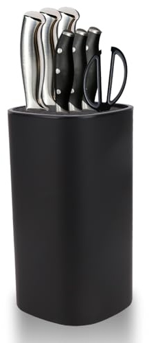 Knivblock, universell knivhållare, kniv, sax, organisatör, plast, knivförvaring med sax, fack och dräneringsdesign, knivblock lämplig för alla köksknivar, svart