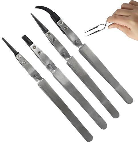 Pinzas Precisión de Industrial Anti Estática Pinzas Antiestáticas de Acero Inoxidable con Puntas Intercambiables de Plástico, Herramientas Profesionales para Electrónica, Joyería, Laboratorios