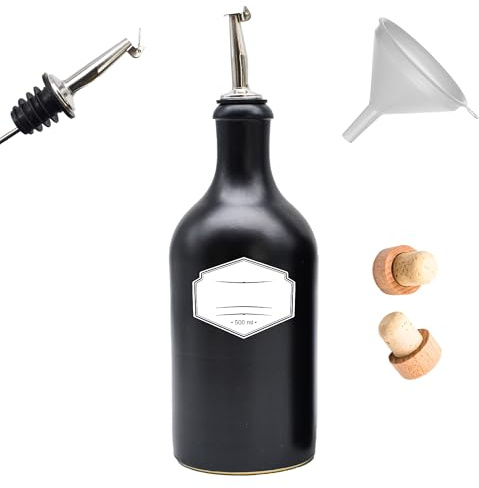 Generisch Ölflasche mit Ausgießer 500 ml Keramik, Holzkorken, Ø 8 cm Trichter und wasserfestes Etikett - Made in Germany