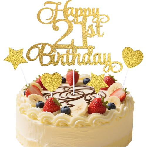 Happy Birthday Cake Topper Personalised 2 Star 2 Heart, Gold Glitter Party Cake Decoration Gift Card, Cake Pick 21 Fabulous Cake Decoration for Happy 21th Birthday Anniversary Party Supplies