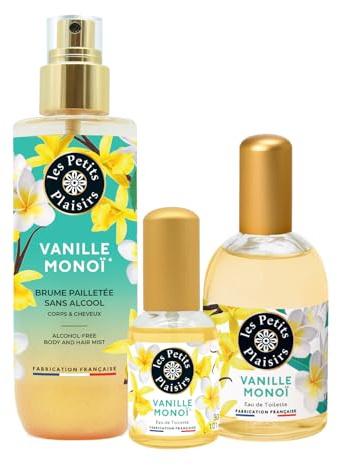Trío Vainilla Monoï, eau de toilette 110ml y 30ml + bruma corporal 200ml, perfume mujer solar, exótico y gourmand, cofre regalo, Fabricado en Francia