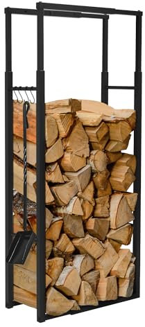 ML-Design Portalegna Regolabile 40-65x100-150x25 cm in Metallo Nero con 4 Ganci, Scaffale Porta Legna da Ardere per Camino e Stufa, Rastrelliera Rack Struttura per Legnaia da Interno ed Esterno