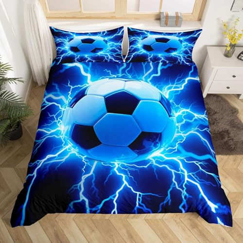 Homemissing 3D Fußball Bettwäsche Set 135x200cm Kinder Fußball Spiele Bettbezug für Jungen Mädchen Teens Sport Thema Blitz Geometrische Betten Zimmer Dekor