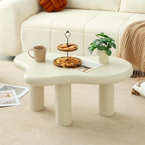 Mordchil HF 34(L) Cloud Coffee Table, Modern Wood Coffee Table for Living Room, Accent Center Tables with 3 Legs, Small Tea Tables for Balcony, Patio, Bedroom, Cream White