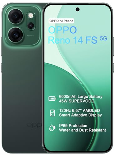 OPPO Reno14 FS 5G 12+512GB Smartphone, IA Android Telefono, Schermo AMOLED 6,57 a 120Hz, Fotocamera AI 50MP, Batteria 6000mAh, SUPERVOOC 45W, Snapdragon 6 Gen 1, IP69, Video 4K, NFC, Dual SIM, Verde