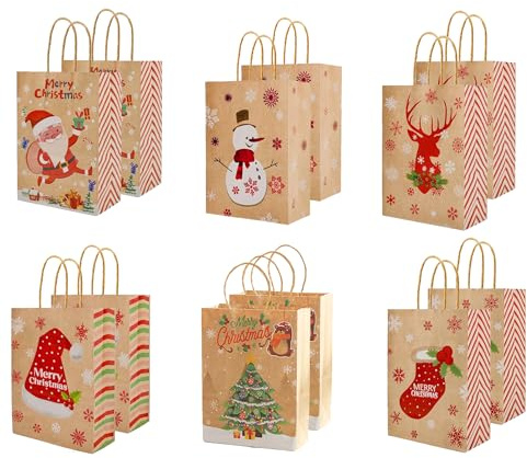 12 Stück Geschenktüte Weihnachten, 6 Stile Klein Weihnachtstüten mit Griffen, Dauerhafte Kraft Weihnachts Papier Taschen für Kleinunternehmen Geburtstags Gefälligkeiten Einkaufen Einzelhandel