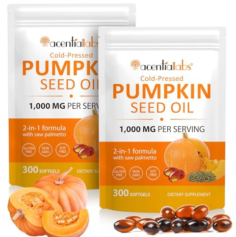 2Pack Pumpkin Seed Oil Capsules - 600 Softgel - 1000mg Per Serving- Cold Pressed Pumpkins Seed Oil for Hair Growth - Supports Hair, Heart, Skin Supplement | Non-GMO | Gluten Free