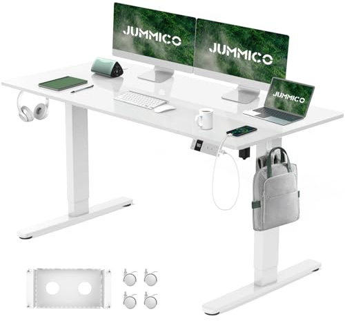 JUMMICO Elektrisch Höhenverstellbarer Schreibtisch 140x80 cm mit Ladestation, Höhenverstellbarer Computertisch mit Kabelmanagement, Ergonomischer Sitz-Steh-Schreibtisch Höhenverstellbarer Tisch, Weiß