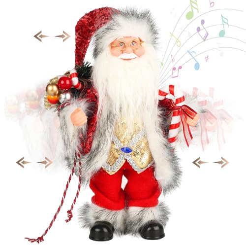 14 Inch Animated Musical Santa Claus Figurine Christmas Collectible Decoration Moving Head Hands with Christmas music Songs, Collectible Animated Figurine Plush for Festive Tabletop Mantel Home Décor