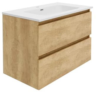 Baikal Mueble de Baño Rubi. 80cm Nature. Incluye Lavabo. Entrega Montado. Suspendido 2 Cajones con Cierre Amortiguado.