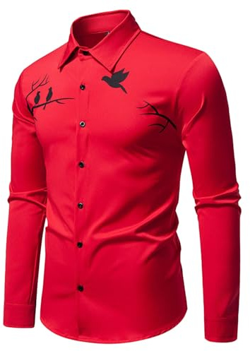 Generisch Camisas para hombre, camisa tradicional para hombre, camisa de manga larga con cuello plegable, diseño de impresión elegante para ropa informal de negocios, ropa formal cómoda, rojo, XL