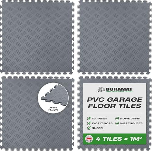 DuraTread Grey Heavy Duty Interlocking Garage Flooring Tiles | 500mm x 500mm x 7mm | PVC Garage Floor Tiles for Garage, Workshop, Home Garage & Showroom Flooring | Pack of 4 Tiles