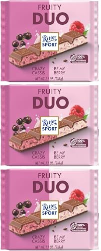 RITTER SPORT Fruity Duo, Doppio Gusto in Unica Barretta Crazy Cassis + Be My Berry, Tavoletta di Cioccolato al Latte con Fiocchi di Riso, Pezzi di Frutti Rossi e Crema di Yogurt, 218g