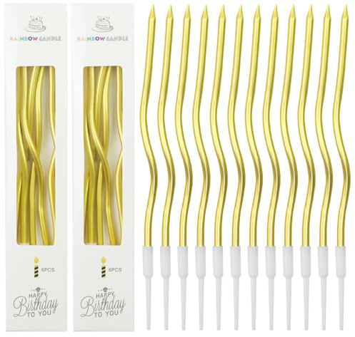 12 Gebogene Geburtstagskerzen Lang Dünn 16CM, Geburtstag Kerzen mit Haltern | Schlanke Kuchenkerzen, Cupcake Kerzen Metallisch, Spiral Kuchen Kerze für Baby Shower, Party, Hochzeit Dekoration, Gold