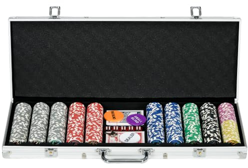 SPORTNOW Juego de Póker Profesional Maletín de Aluminio 500 Fichas Plateado | Cada 11,5 g, 2 Barajas de Cartas, 5 Dados, Tapete, Botón de Crupier, para 9-10 Jugadores, con Cerradura