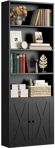 IRONCK Bücherregal mit Türen, Schrank Regal Schwarz Holz mit 6 Ebenen | Offenes Aufbewahrungsregal für Wohnzimmer, Büro, Esszimmer, Schlafzimmer, 24 x 60 x 180 cm hoch Book shelf Bookcase
