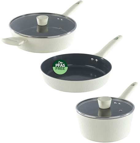 Russell Hobbs Côte Ceramic Pan Set, 3 Piece Induction Cookware Set | Includes 28cm Sauté Pan With Glass Lid, 24cm Frying Pan, 20cm Saucepan, Forged Aluminium, PFAS-Free Ceramic Non-Stick