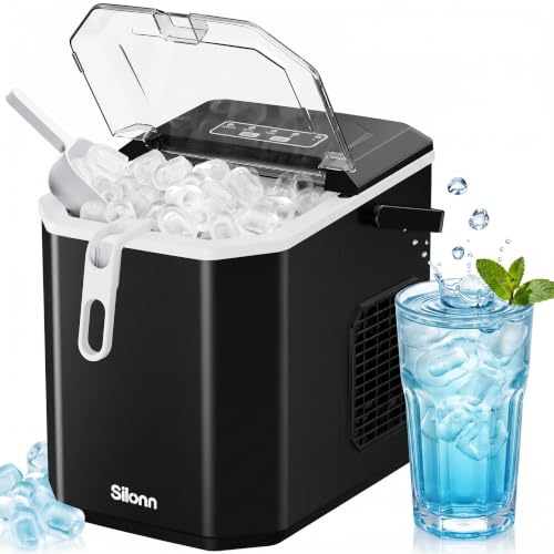 Silonn Máquina para hacer cubitos de hielo con asa y cesta de hielo, mini máquina de hielo con autolimpieza, 9 cubitos de hielo en 6 min, 12 kg/24 horas, 2 tamaños de cubitos de hielo, portátil para