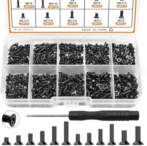 Taiss 360PCS Kit Vis Portable 12 Tailles M2 M2.5 M3 avec Tournevis | Vis miniatures pour carte‑mère, kit pratique pour réparation et bricolage des ordinateurs portables et composants PC