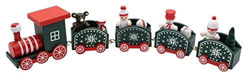 TRIXES Holz Weihnachts-Dampfzug Ornament Rot & Grün Festlich | Dekoratives Weihnachts-Szenenzubehör für Kaminsims, Tische & Deko