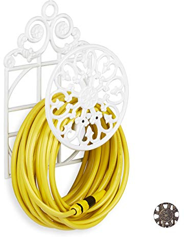 Relaxdays, blanc Porte support tuyau arrosage fonte fer HxlxP: 50 x 32 x 20 cm