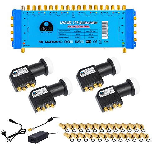 UHD Quattro LNB + multikontakt pmse HB-DIGITAL för Full HDTV 3D 4K UHD med nätdel + förgylld F-kontakt gratis till 4 Satelliter + 8 delar hb_uhd_lnb_s-uhd_ms_17x8
