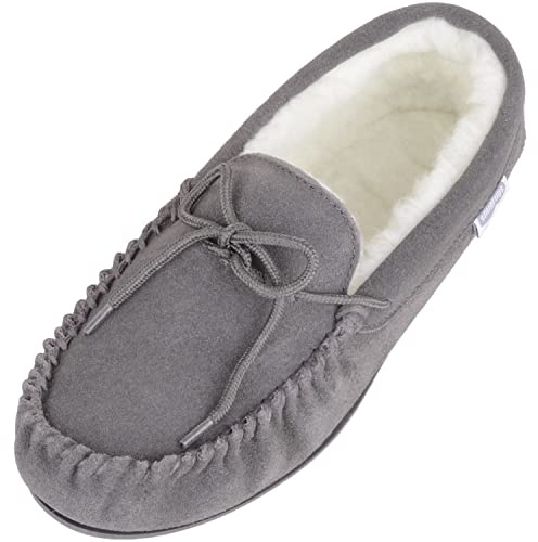 SNUGRUGS Damen Clara, Woll-Mokassin-Hausschuh mit Gummisohle, grau, 39 EU