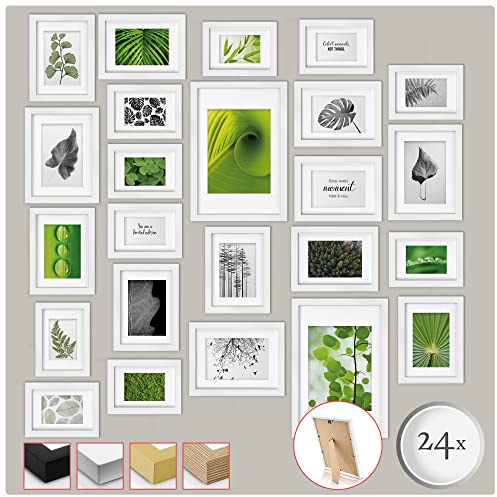 bomoe 24er Bilderrahmen Set Nature – 10x 10x15 cm, 8X 13x18 cm, 4X 15x20 cm, 2X 20x30 cm Fotorahmen Collage Bilderrahmen mit Passepartout - Bilder Rahmen aus Holz & Kunststoff Fotowand Weiß